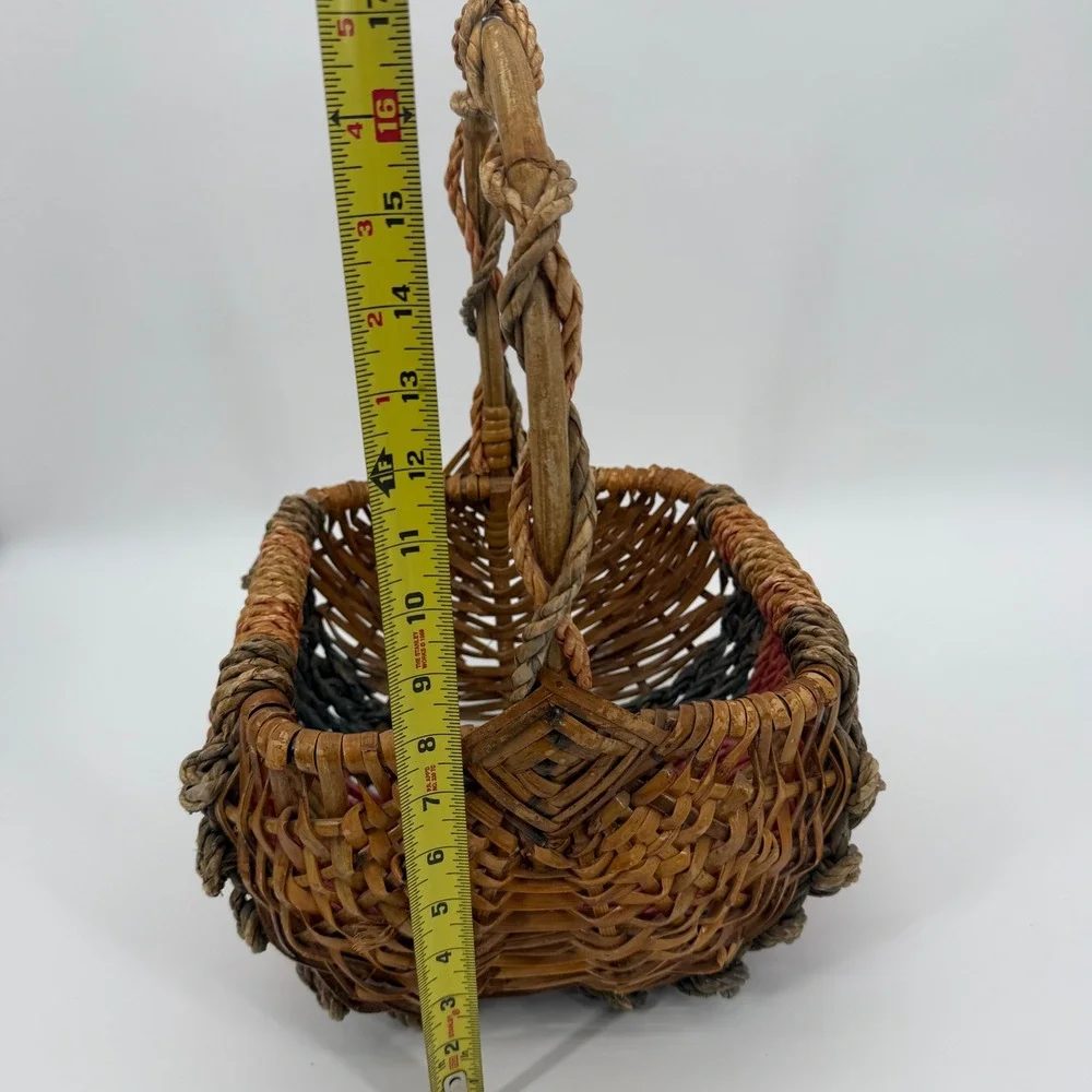 Vintage Multi-Tonal Woven Wicker Basket with Twisted Handle Square Base Rustic